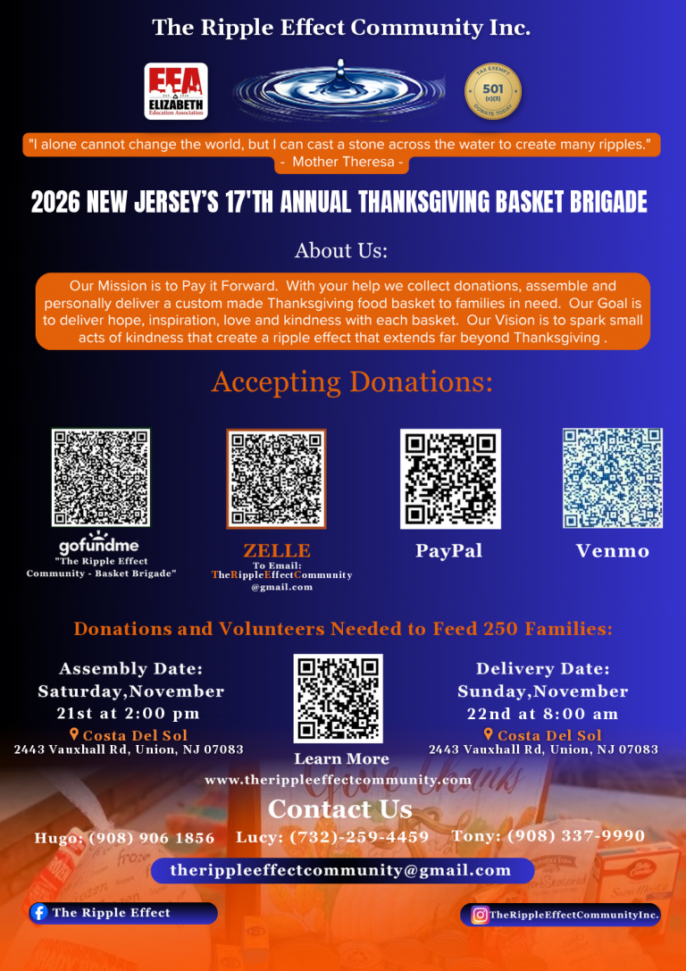2026 Thanksgiving Basket Brigade flyer: assembly Saturday Nov 21 at 2 PM and delivery Sunday Nov 22 at 8 AM at Costa Del Sol, Union NJ, with donation QR codes for GoFundMe, Zelle, PayPal and Venmo